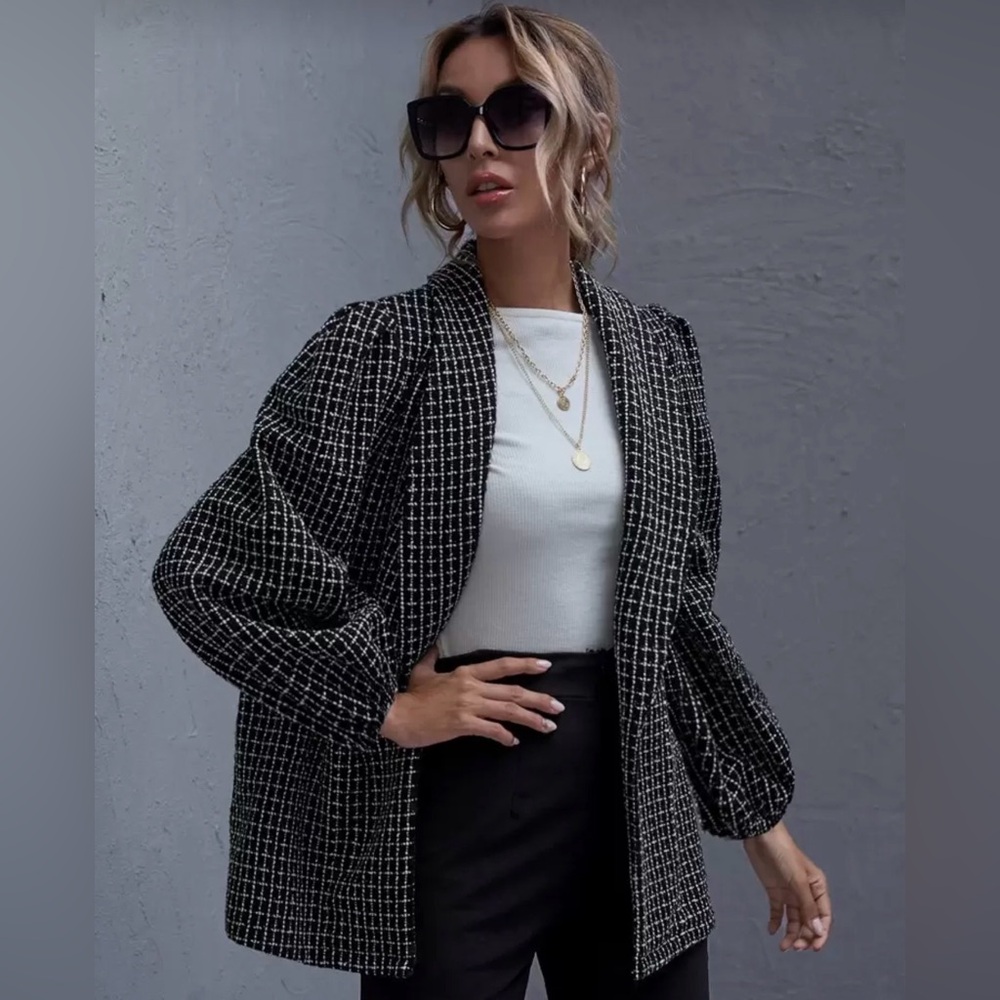 SHEIN Shawl Neck Lantern Sleeve Tweed Coat